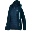 Dunkelblaue zweiteilige Jacke: äußere Kapuzenjacke offen, innere gesteppte Jacke mit durchgehendem Reißverschluss und horizontalen Steppnähten, sichtbare Markenlogos auf Brust und Ärmel, helle vertikale Reißverschlusstasche vorne