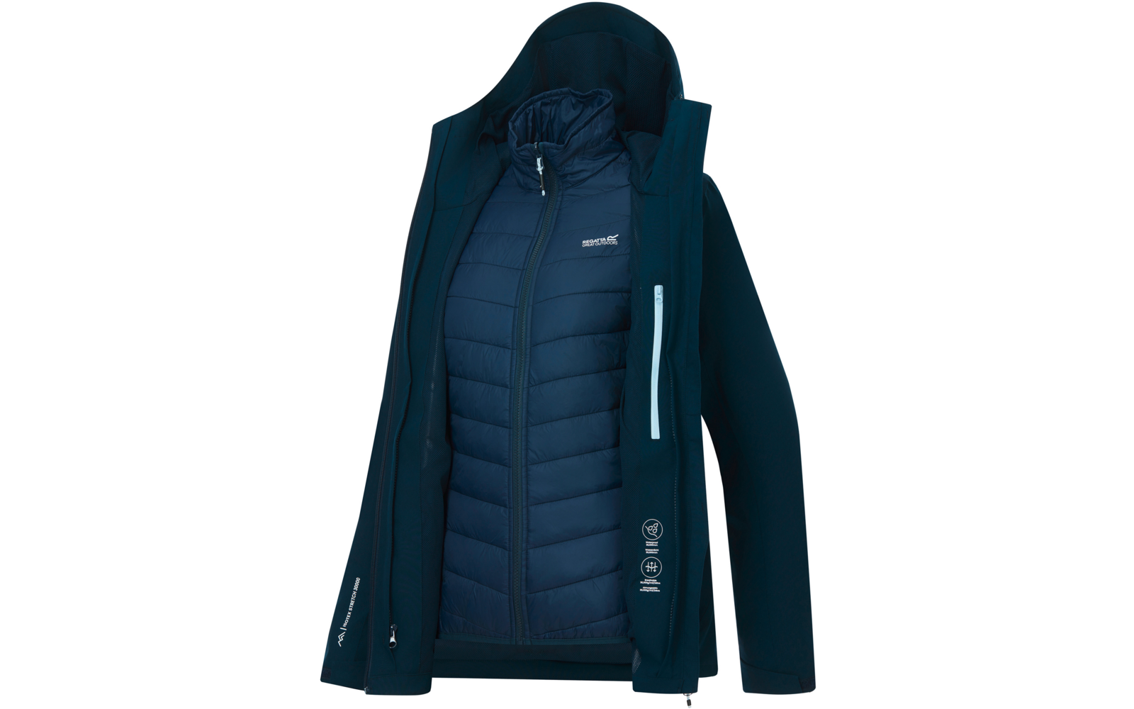 Dunkelblaue zweiteilige Jacke: äußere Kapuzenjacke offen, innere gesteppte Jacke mit durchgehendem Reißverschluss und horizontalen Steppnähten, sichtbare Markenlogos auf Brust und Ärmel, helle vertikale Reißverschlusstasche vorne