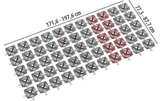 Schuine bovenaanzicht van een rechthoekig raster van identieke vierbladige grijze symbolen op een witte achtergrond; meerdere symbolen zijn rood gemarkeerd; bovenste maat '171,6 - 197,6 cm', rechtermaat '71,3 - 87,1 cm'