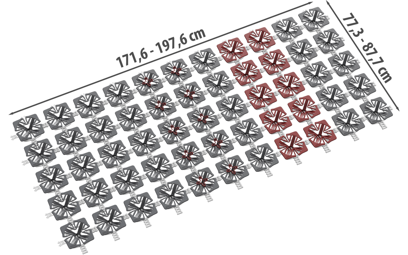 Schuine bovenaanzicht van een rechthoekig raster van identieke vierbladige grijze symbolen op een witte achtergrond; meerdere symbolen zijn rood gemarkeerd; bovenste maat '171,6 - 197,6 cm', rechtermaat '71,3 - 87,1 cm'