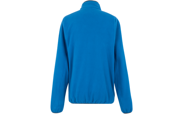 Blauer Pullover von hinten mit langem Arm und Stehkragen