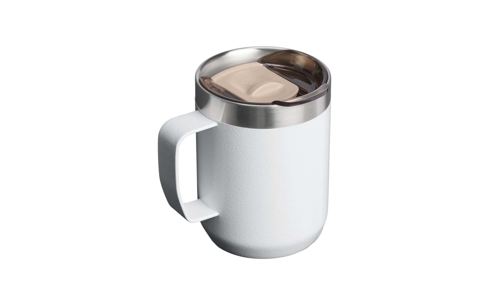 Witte geïsoleerde beker met handvat, roestvrijstalen rand en doorzichtige deksel met schuifopening