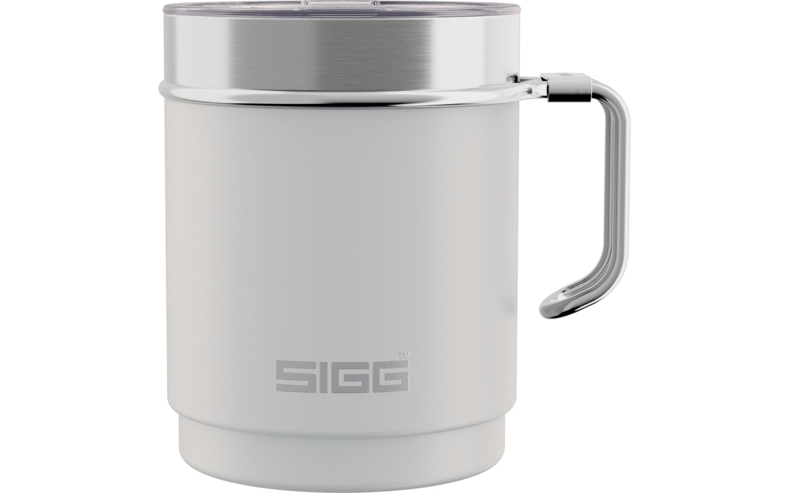 Weißer Becher mit Henkel, transparentem Deckel, Metallrand und SIGG-Logo
