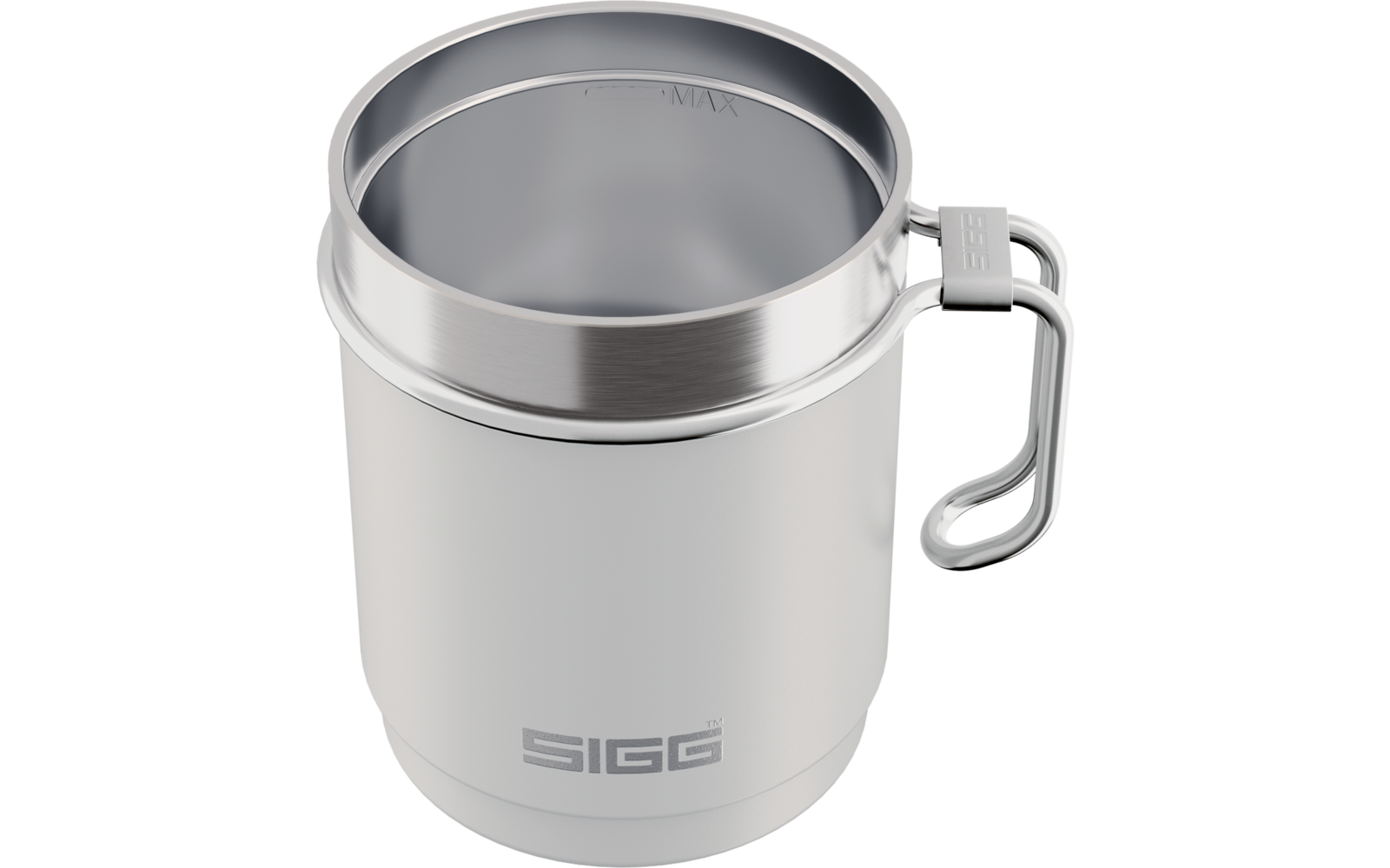 Silberner Edelstahlbecher mit seitlichem Klappgriff und SIGG-Logo vor weißem Hintergrund