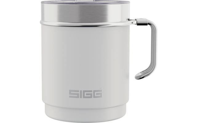 Tasse blanche avec anse, couvercle transparent, bord métallique et logo SIGG