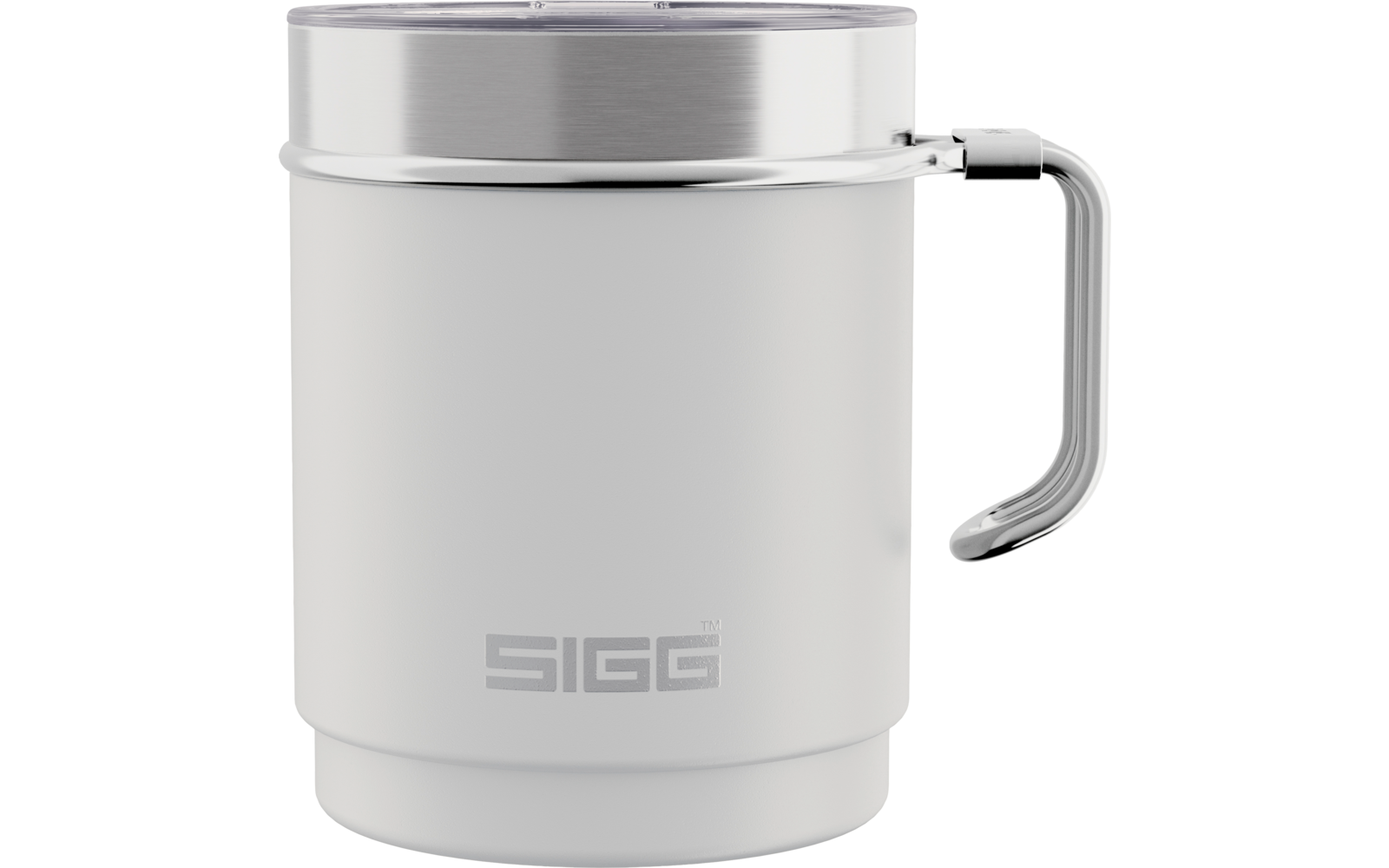 Tasse blanche avec anse, couvercle transparent, bord métallique et logo SIGG