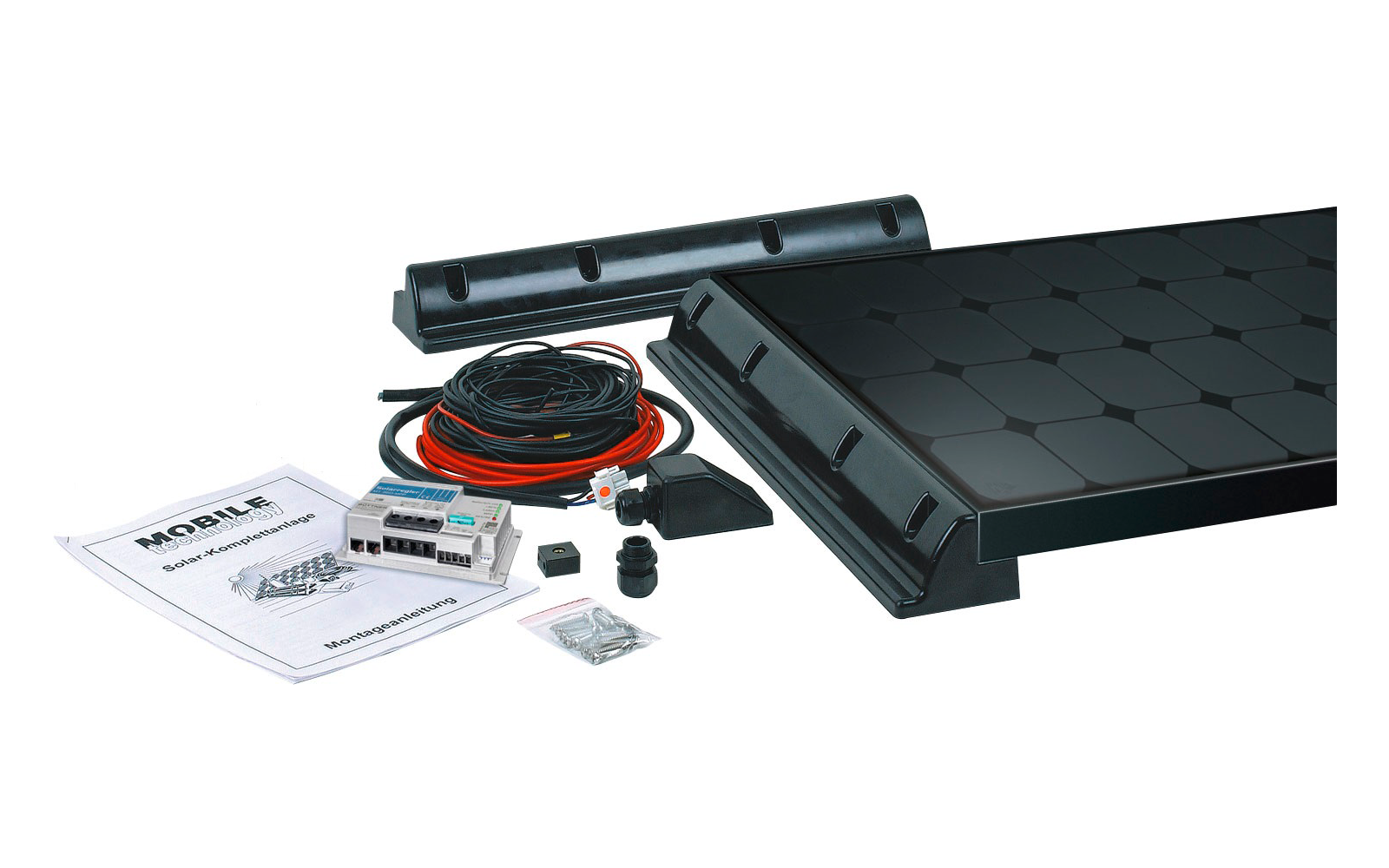 Montagematerial inklusive Adapterplatte, Schrauben und Anleitung auf weißem Hintergrund