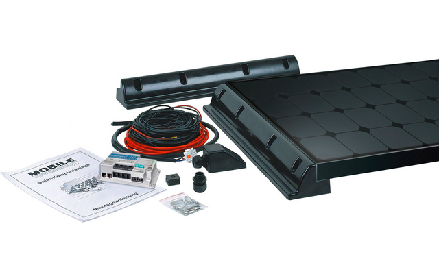 Montagematerial inklusive Adapterplatte, Schrauben und Anleitung auf weißem Hintergrund