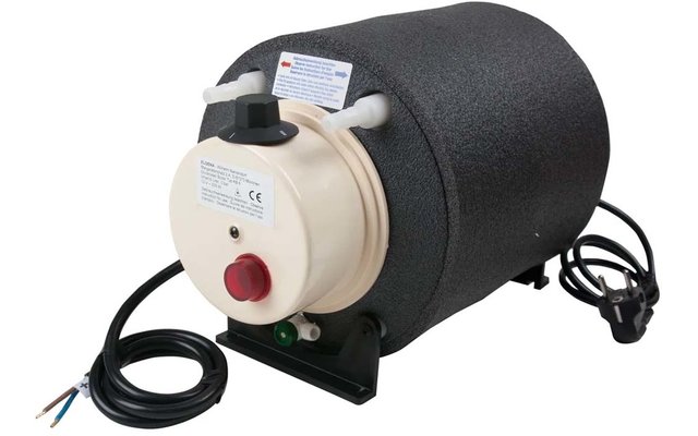 Schwarzer zylindrischer Motor mit grauer Schaumhülle, weißer Frontplatte mit Aufklebern, rotem Drehknopf, zwei weißen Schlauchanschlüssen, schwarzem Stromkabel mit Netzstecker und schwarzer Metallgrundplatte