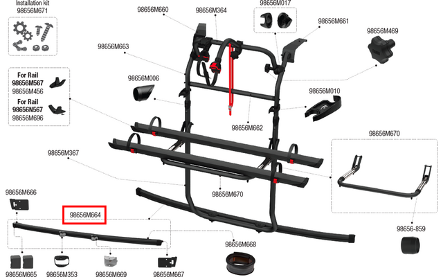 Product image Fiamma Lower Clamping Strip, Black, for Carry-Bike Ford Custom V710 / VW Transporter (2025 and later) Part Number 98656M664 1