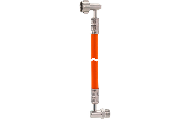 Tubo naranja vertical con conexiones metálicas plateadas arriba y abajo y una marca ondulada blanca en el centro