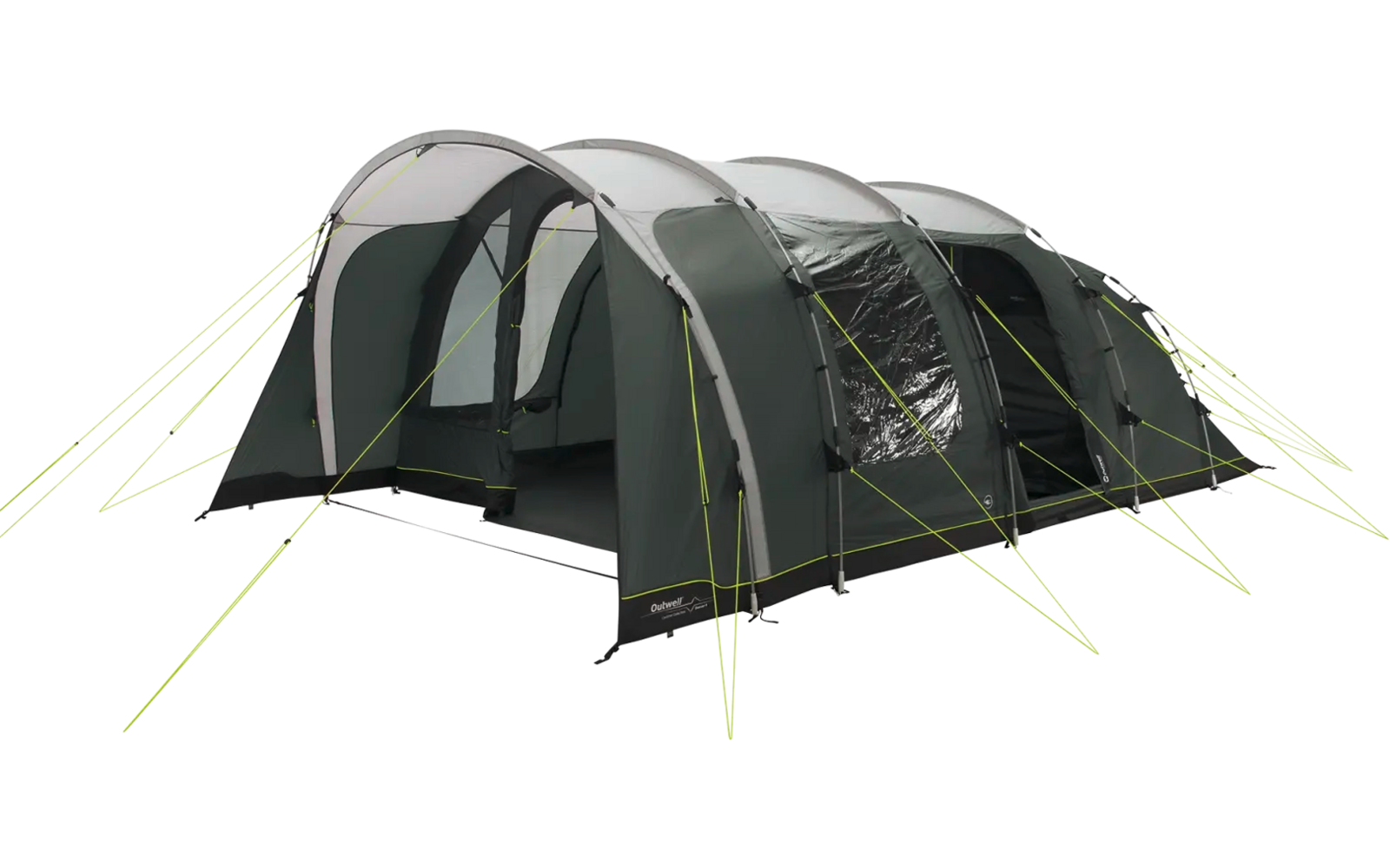 Großes grünes und graues Zelts mit mehreren Fenstern und gelben Abspannleinen
