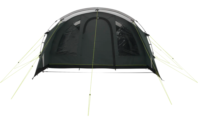 Grünes Campingzelt mit schwarzen Elementen und gelben Abspannleinen