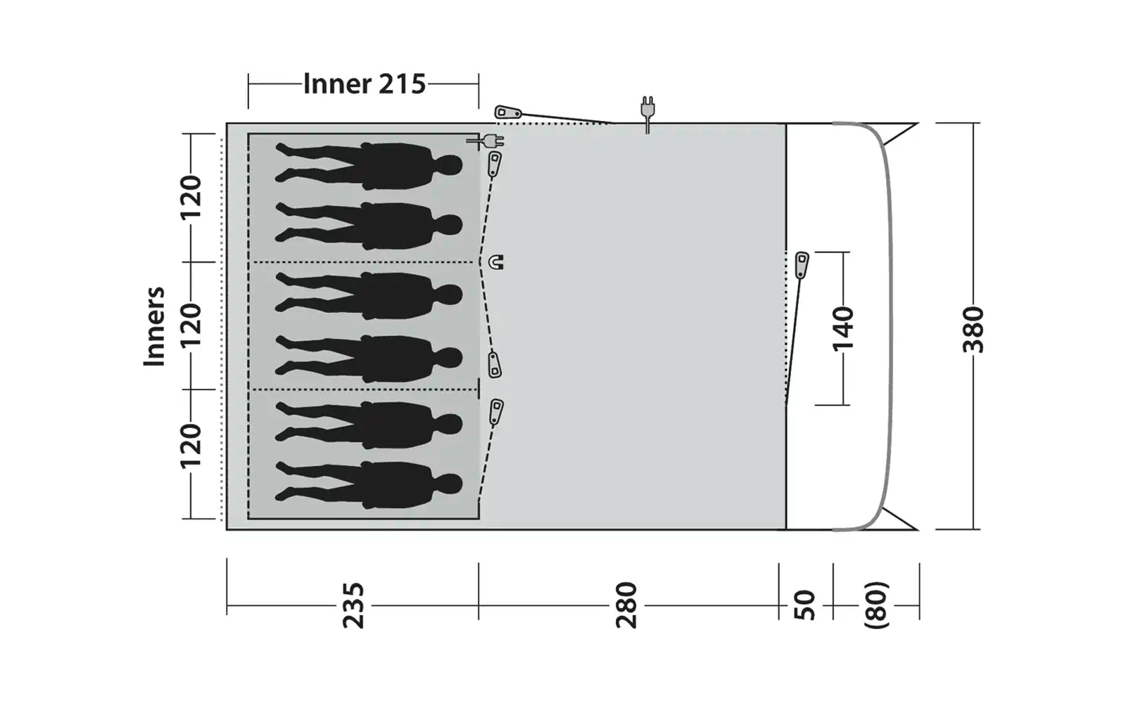 Skizze eines rechteckigen Bereichs mit sechs stehenden Personen in zwei Reihen, daneben Maße in Zentimetern