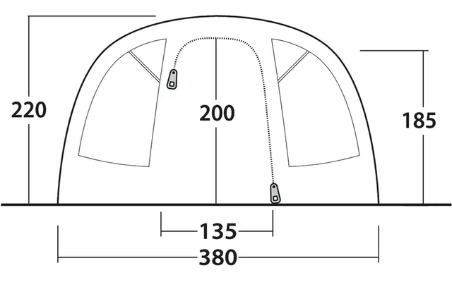 Skizze eines Zeltes mit Maßen in Zentimetern, Höhe 220, 200 und 185, Breite 380 und 135