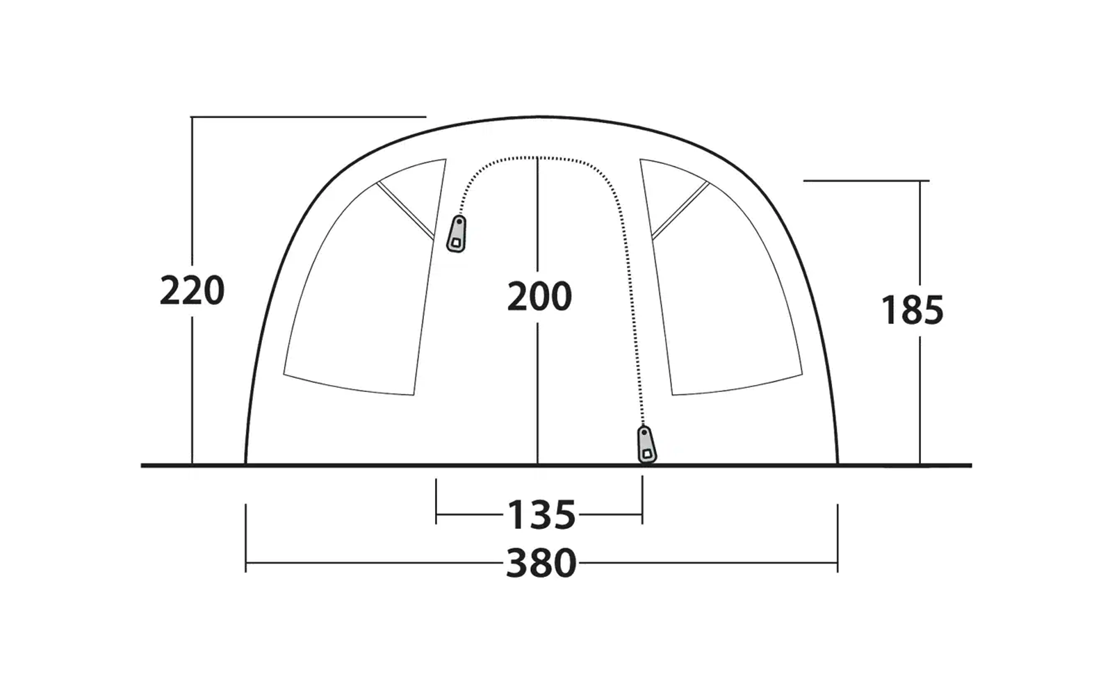 Skizze eines Zeltes mit Maßen in Zentimetern, Höhe 220, 200 und 185, Breite 380 und 135