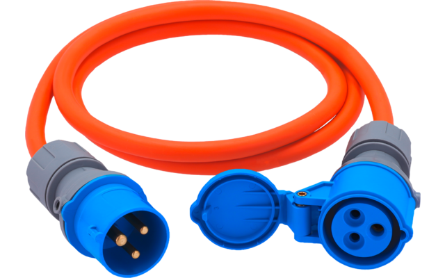 Oranges aufgerolltes Kabel mit blauem dreipoligem Stecker und dreilochiger Kupplung, eine Klappe geöffnet