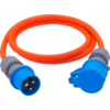Orangefarbenes Kabel mit blauem dreipoligen Stecker und blauer Kupplung mit Klappdeckel
