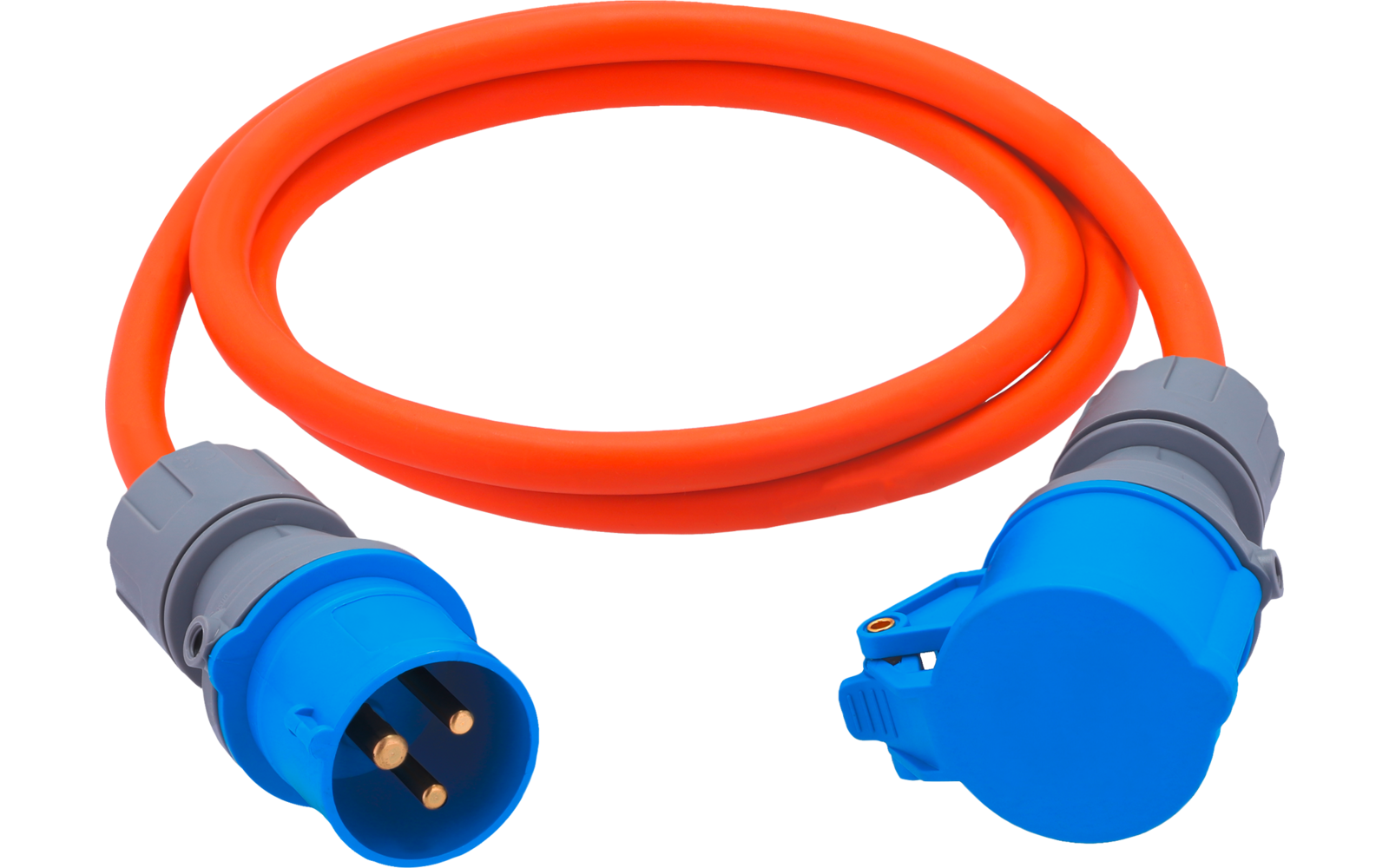 Orangefarbenes Kabel mit blauem dreipoligen Stecker und blauer Kupplung mit Klappdeckel