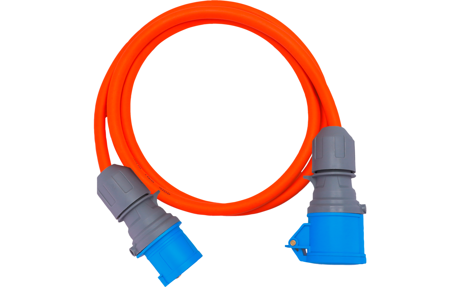 Oranges Stromkabel in Ringform mit blauem Stecker und blauer Kupplung, graue Gehäuse an den Enden
