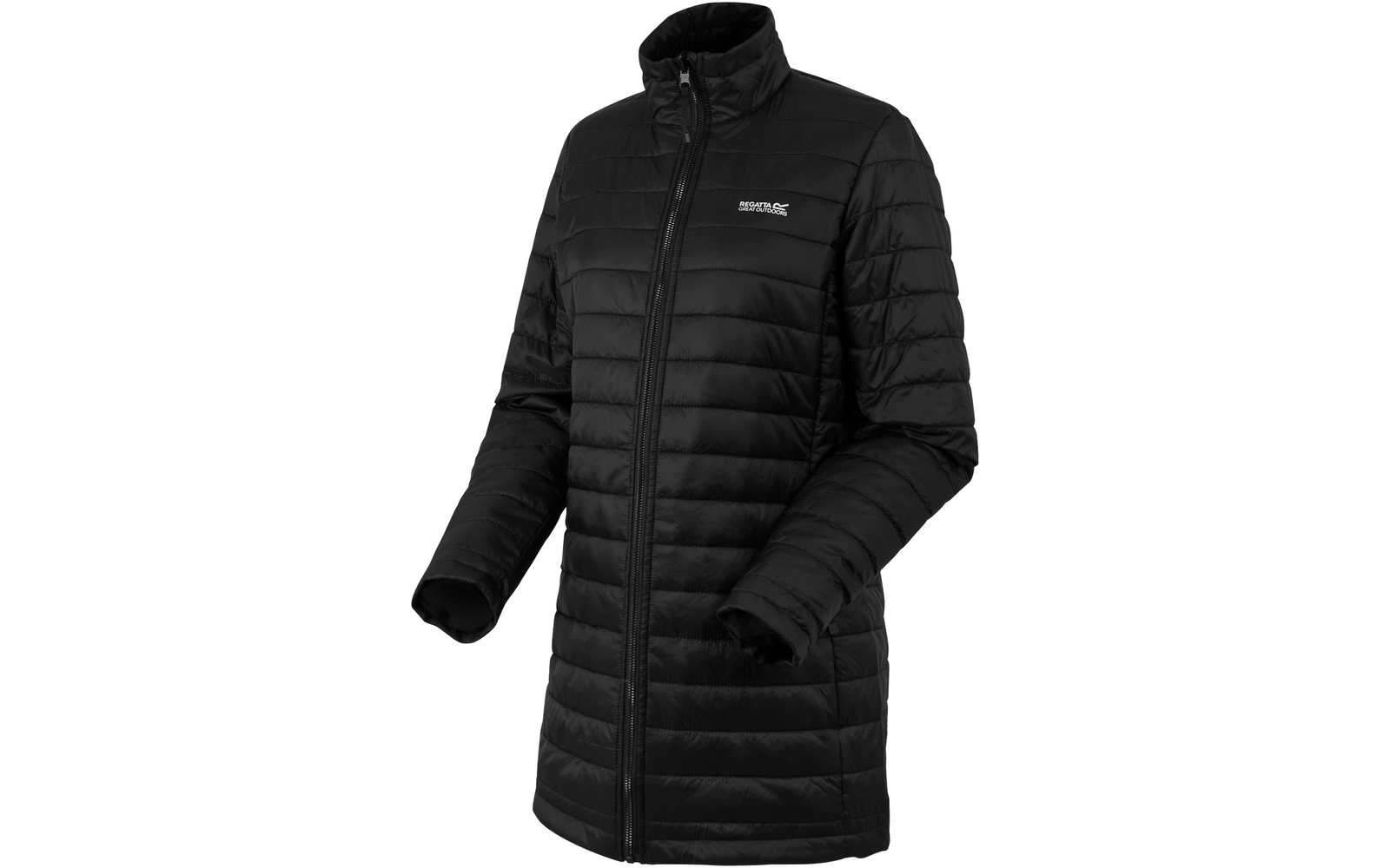 Schwarze, lange Steppjacke mit Stehkragen und langen Ärmeln von vorne