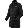 Schwarze, lange Steppjacke mit Stehkragen und langen Ärmeln von vorne