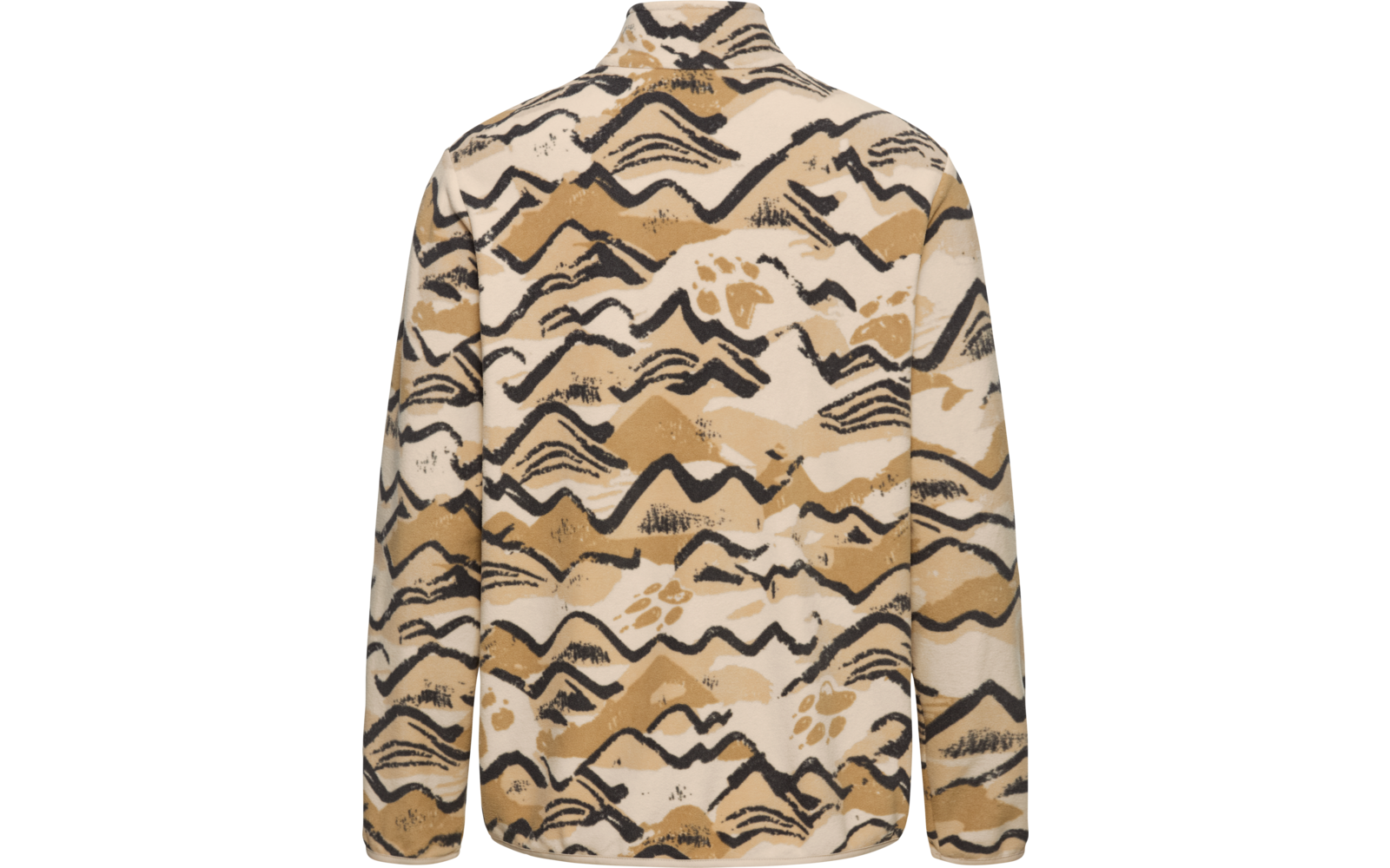 Rückenansicht einer Jacke mit langen Ärmeln, beigem Grund und braunen sowie schwarzen wellenförmigen Pinselstrichmustern