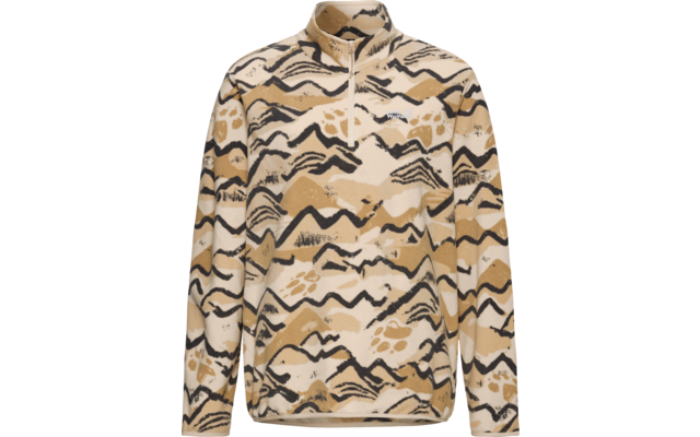 Beiger Fleecepullover mit kurzem Reißverschluss und abstraktem schwarz-braunem Bergmuster, kleines weißes Logo auf der Brust