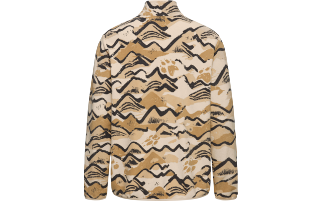 Rückenansicht einer Jacke mit langen Ärmeln, beigem Grund und braunen sowie schwarzen wellenförmigen Pinselstrichmustern