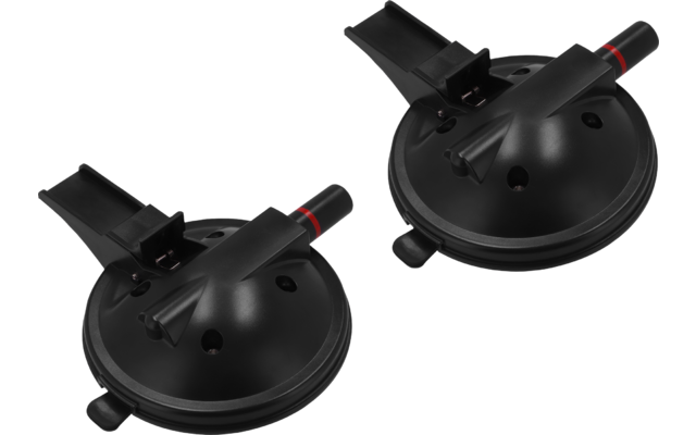 Zwei schwarze Saugnäpfe mit Hebeln, jeweils mit rotem Ring am Griff