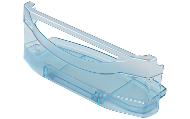 Transparenter hellblauer Plastikbehälter mit gebogener Oberkante, rechteckiger Basis und zwei kleinen vorderen Laschen, leer