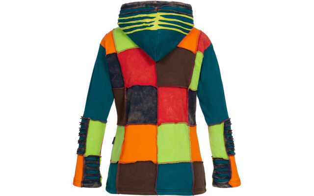 Bunter Kapuzenpullover mit verschiedenen Farbfeldern und langen Ärmeln, Ansicht von hinten