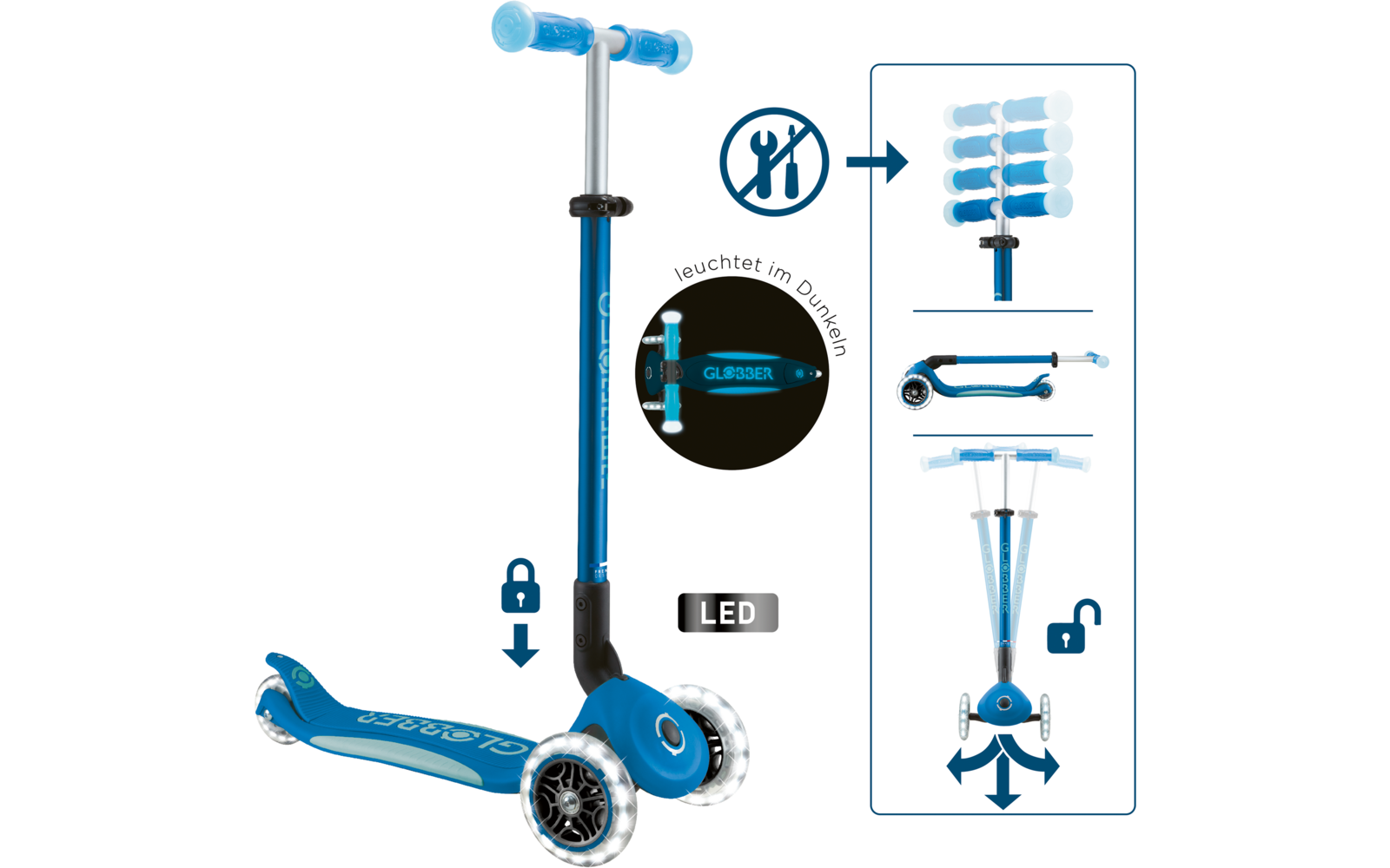 Produktbild Globber Elite Lights Glow Dreirad Scooter h&ouml;henverstellbar mit LED Leuchtrollen 1