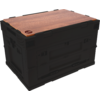 Black plastic box with brown wooden lid, handles, latches and round label at top left