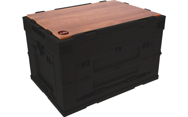 Black plastic box with brown wooden lid, handles, latches and round label at top left