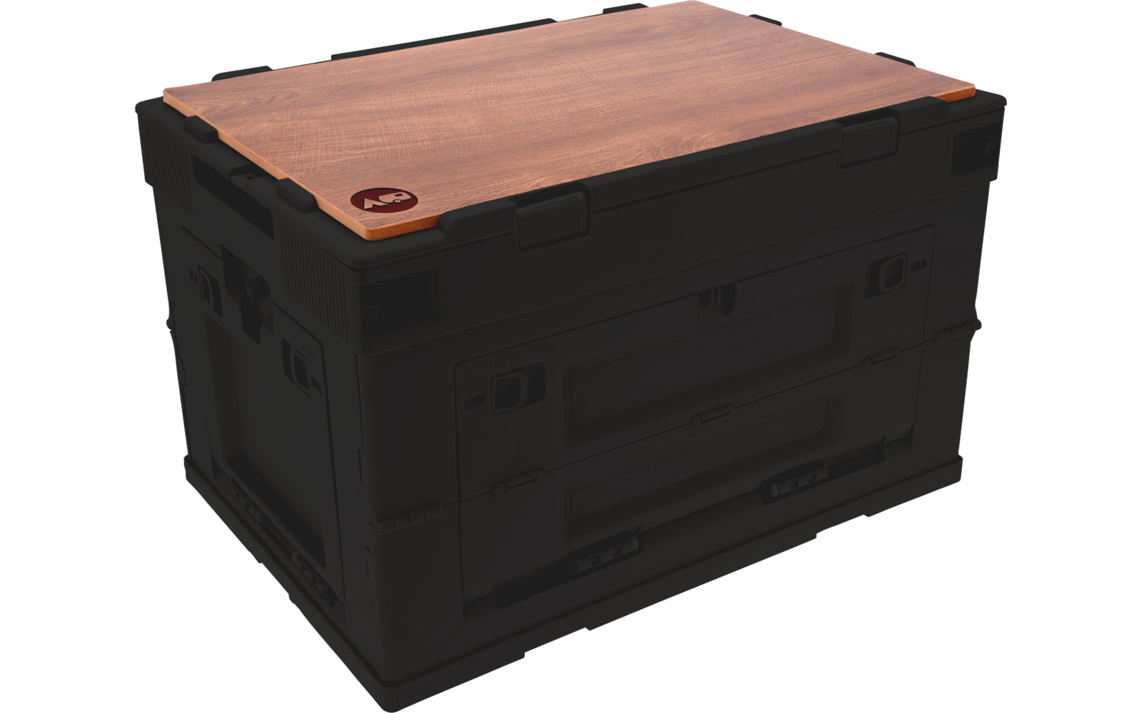 Black plastic box with brown wooden lid, handles, latches and round label at top left