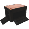Black foldable plastic box with front flaps open and a wooden top panel