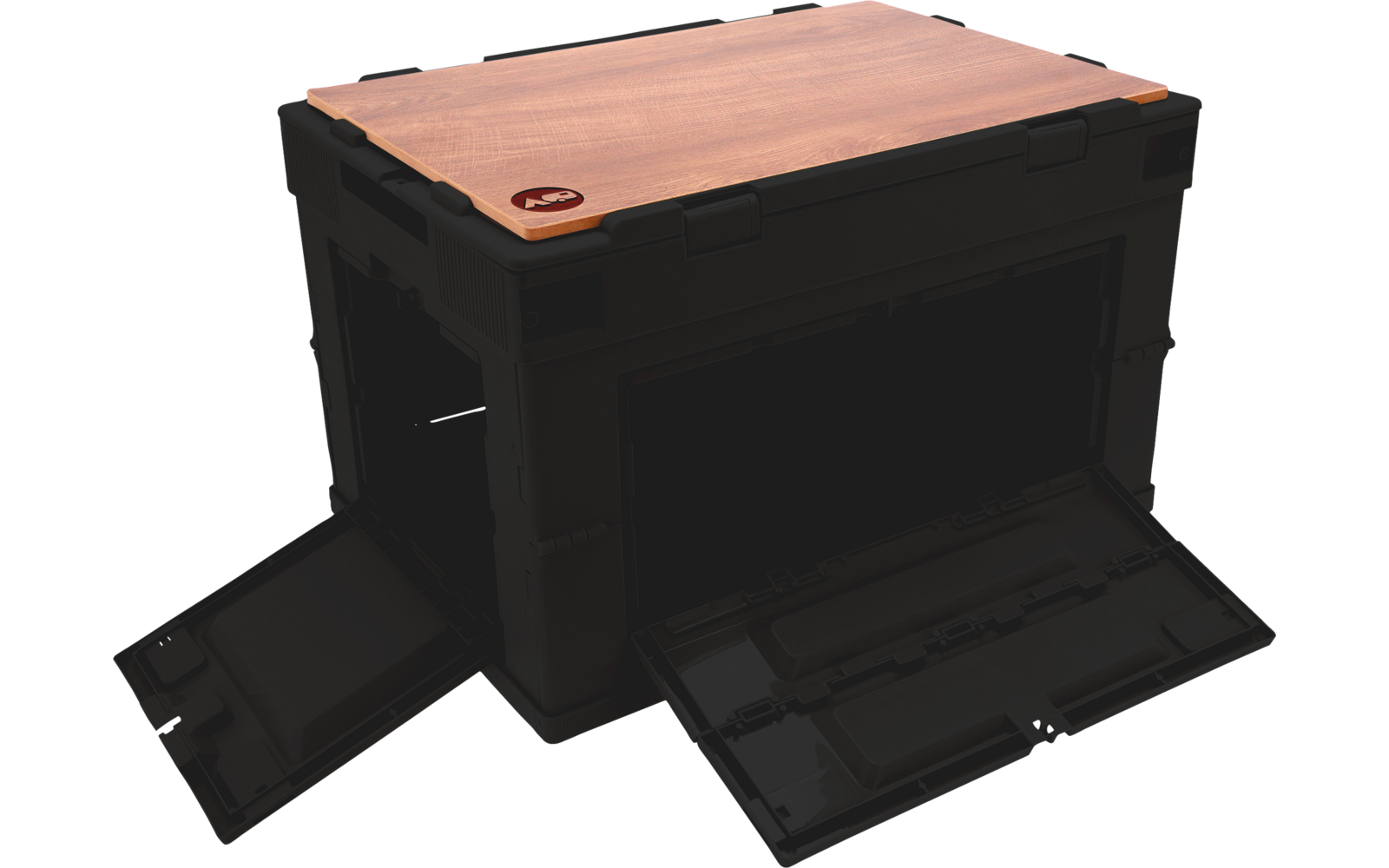 Black foldable plastic box with front flaps open and a wooden top panel