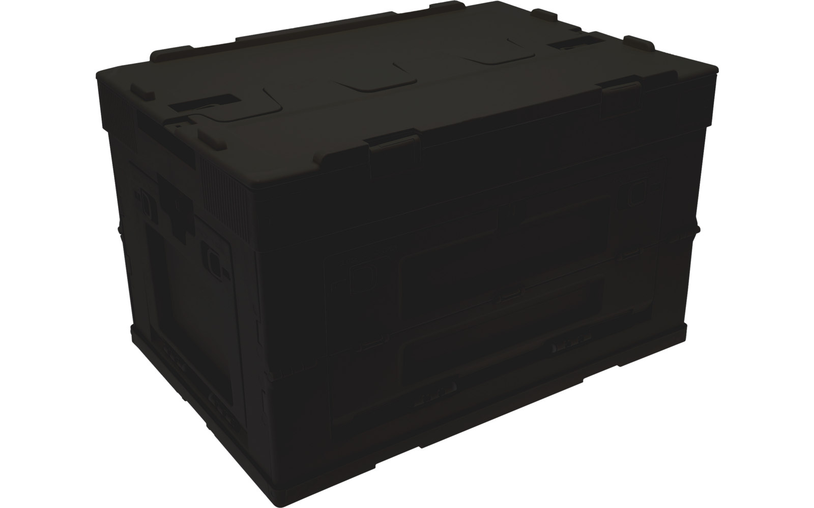 Closed black plastic box with lid, handles, and snap latches