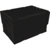 Black rectangular plastic box with closed lid and side handles on a white background
