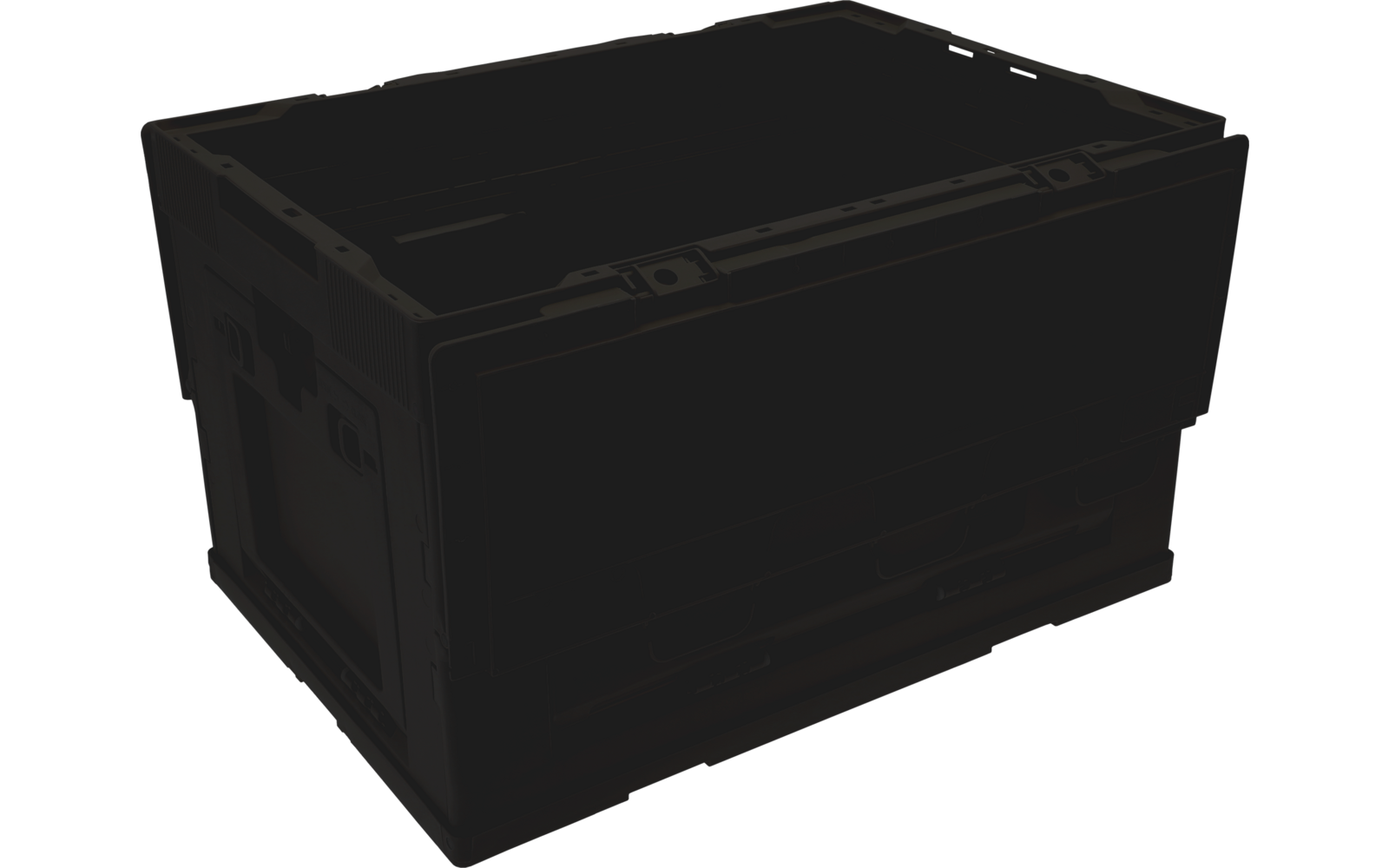 Black rectangular plastic box with closed lid and side handles on a white background