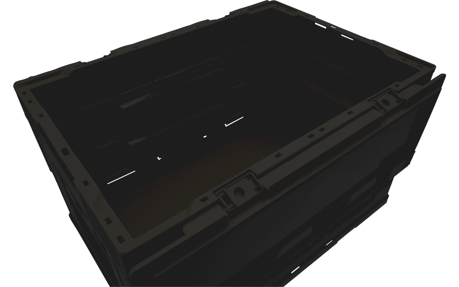 Open black plastic crate with reinforced rim and ribbed interior