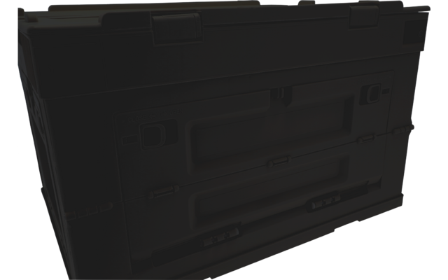 Black rectangular plastic case with hinged lid, molded handles and latches