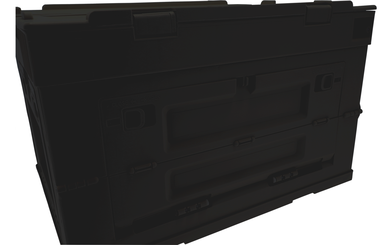 Black rectangular plastic case with hinged lid, molded handles and latches