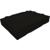 Black, flat rectangular object with recessed surfaces and rounded corners on a dark background