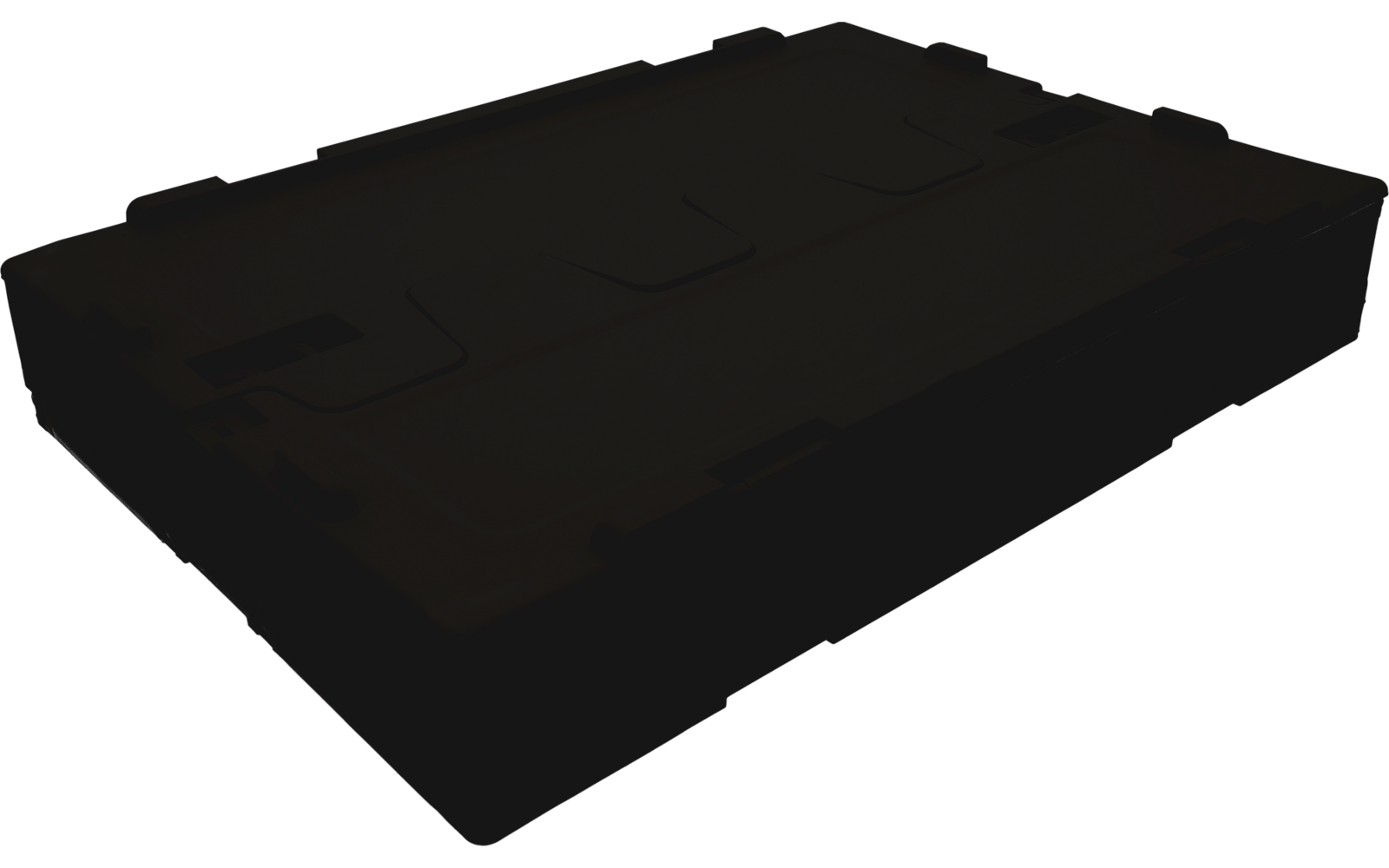 Black, flat rectangular object with recessed surfaces and rounded corners on a dark background
