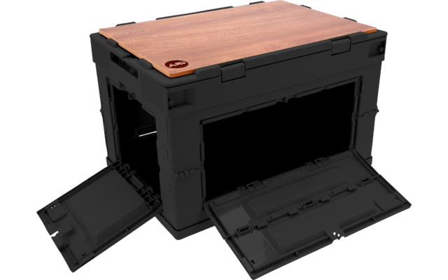 Schwarze faltbare Plastikbox mit aufgeklappten vorderen Klappen und Holzdeckel oben