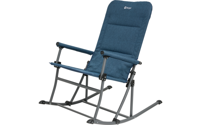 Blauer Klappstuhl mit Metallgestell und Armlehnen