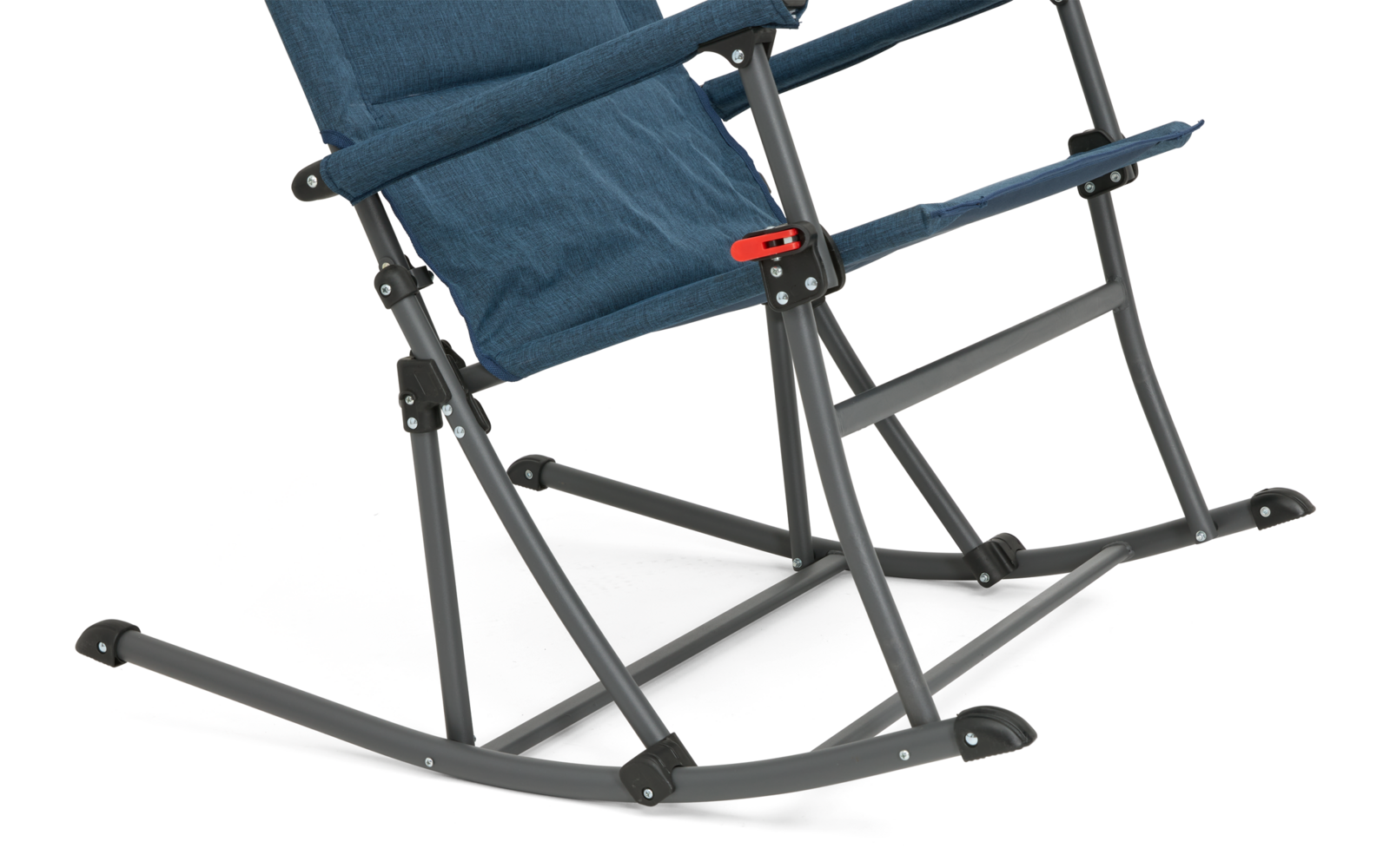 Teilansicht eines blauen Stoffstuhls mit grauem Metallgestell, gebogenen Schaukelkufen und rotem Verriegelungsclip vor weißem Hintergrund