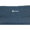 Dunkelblauer, strukturiert wirkender Stoff mit weißem Schriftzug 'Berger' und rundem weißen Logo darüber